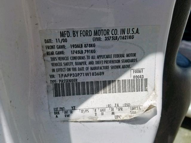 1FAFP33P71W183689 - 2001 FORD FOCUS LX WHITE photo 10