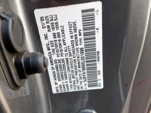 5J6YH18695L001996 - 2005 HONDA ELEMENT EX GRAY photo 10