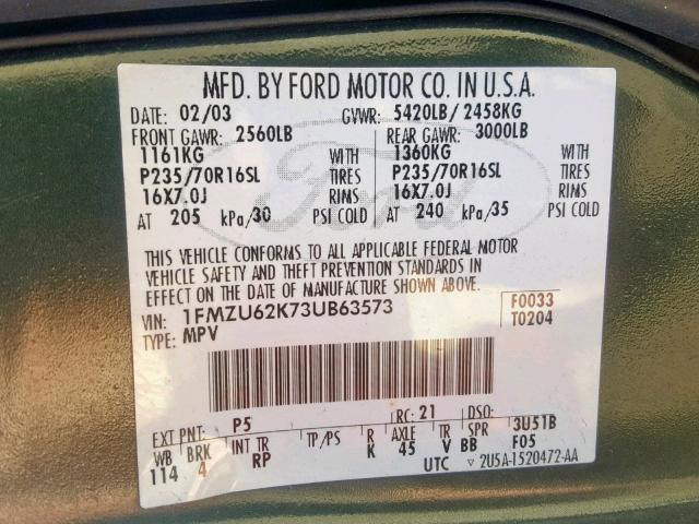 1FMZU62K73UB63573 - 2003 FORD EXPLORER X GREEN photo 10