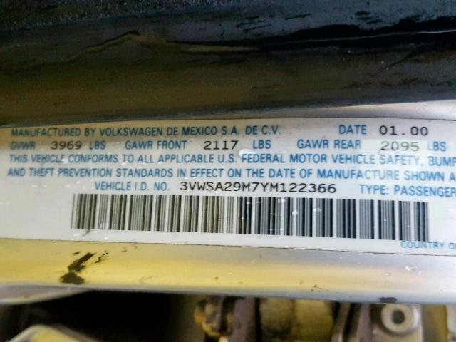 3VWSA29M7YM122366 - 2000 VOLKSWAGEN JETTA GLS SILVER photo 10