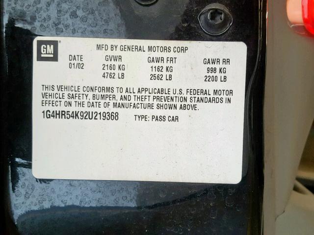 1G4HR54K92U219368 - 2002 BUICK LESABRE LI BLACK photo 10