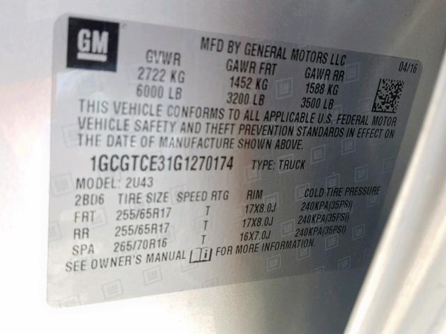 1GCGTCE31G1270174 - 2016 CHEVROLET COLORADO L SILVER photo 10