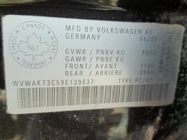 WVWAK73C59E139537 - 2009 VOLKSWAGEN PASSAT KOM BLACK photo 10