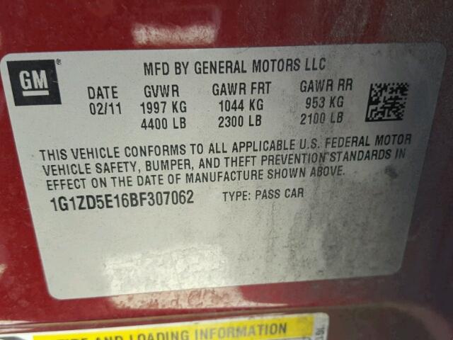 1G1ZD5E16BF307062 - 2011 CHEVROLET MALIBU 2LT BURGUNDY photo 10