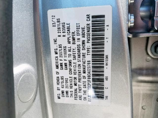 1HGCP3F86CA025766 - 2012 HONDA ACCORD EXL SILVER photo 10