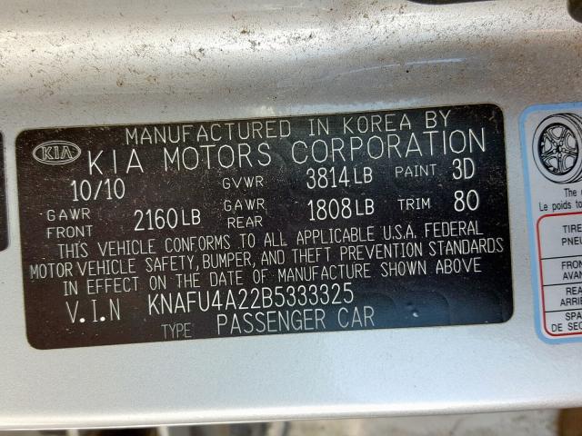 KNAFU4A22B5333325 - 2011 KIA FORTE EX SILVER photo 10