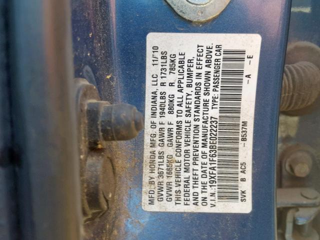 19XFA1F63BE022237 - 2011 HONDA CIVIC LX-S Mavi foto 10