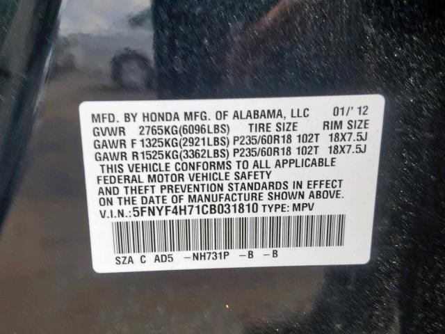 5FNYF4H71CB031810 - 2012 HONDA PILOT EXLN BLACK photo 10