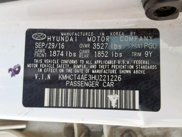 KMHCT4AE3HU221226 - 2017 HYUNDAI ACCENT SE WHITE photo 10