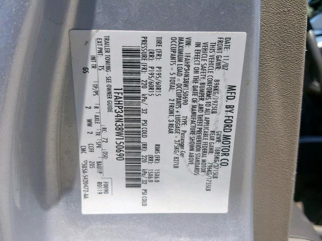 1FAHP34N38W150690 - 2008 FORD FOCUS S/SE SILVER photo 10