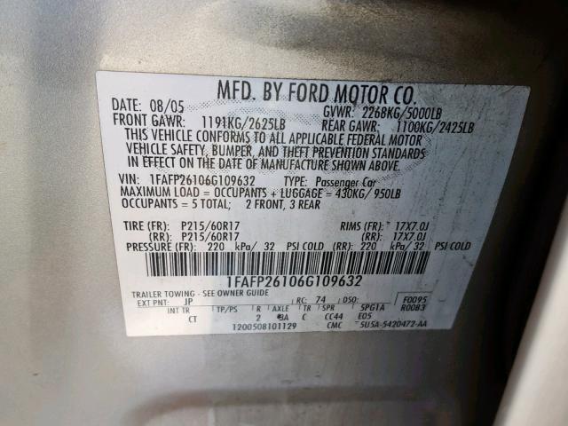 1FAFP26106G109632 - 2006 FORD FIVE HUNDR SILVER photo 10