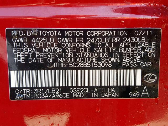 JTHBF5C28B5153098 - 2011 LEXUS IS 250 RED photo 10