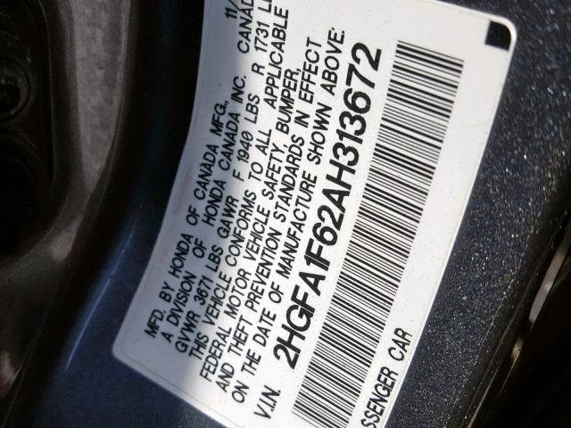 2HGFA1F62AH313672 - 2010 HONDA CIVIC LX-S Մոխրագույն լուսանկար 10