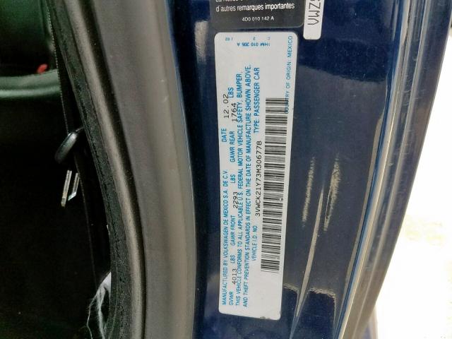 3VWCK21Y73M306778 - 2003 VOLKSWAGEN NEW BEETLE BLUE photo 10