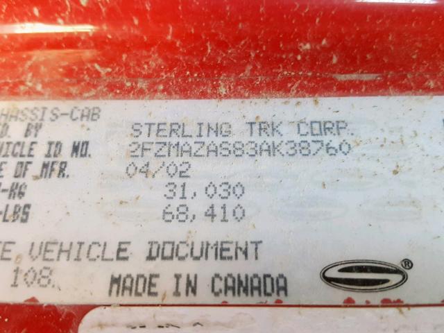 2FZMAZAS83AK38760 - 2003 STERLING TRUCK LT 9500 RED photo 10