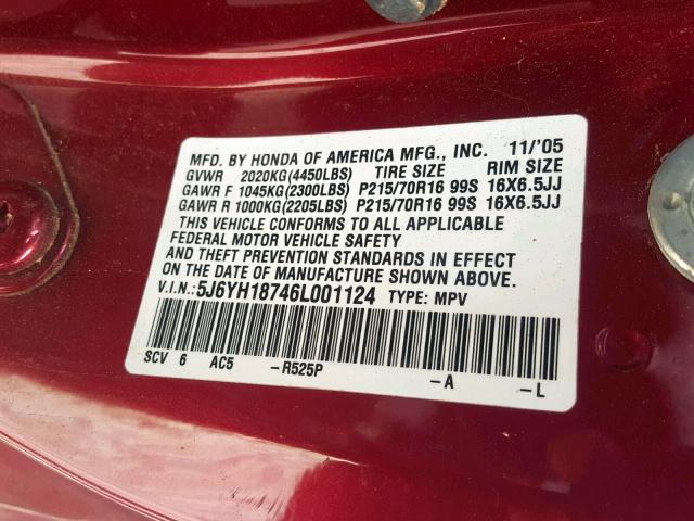 5J6YH18746L001124 - 2006 HONDA ELEMENT EX BURGUNDY photo 10