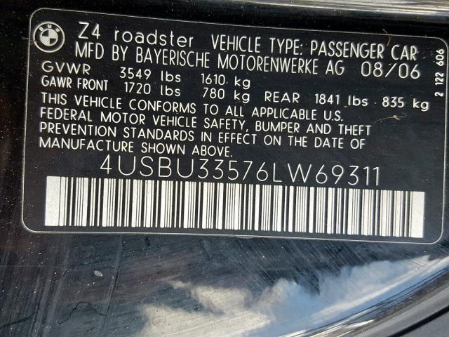 4USBU33576LW69311 - 2006 BMW Z4 3.0 BLACK photo 10