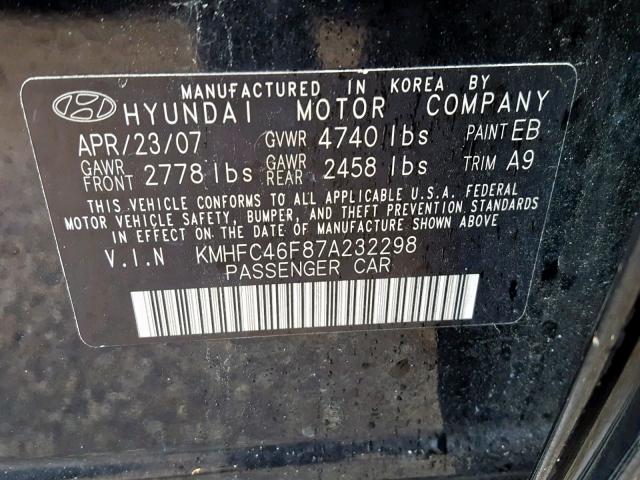 KMHFC46F87A232298 - 2007 HYUNDAI AZERA SE BLACK photo 10