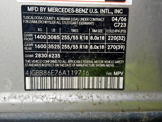 4JGBB86E76A119716 - 2006 MERCEDES-BENZ ML 350 GRAY photo 10