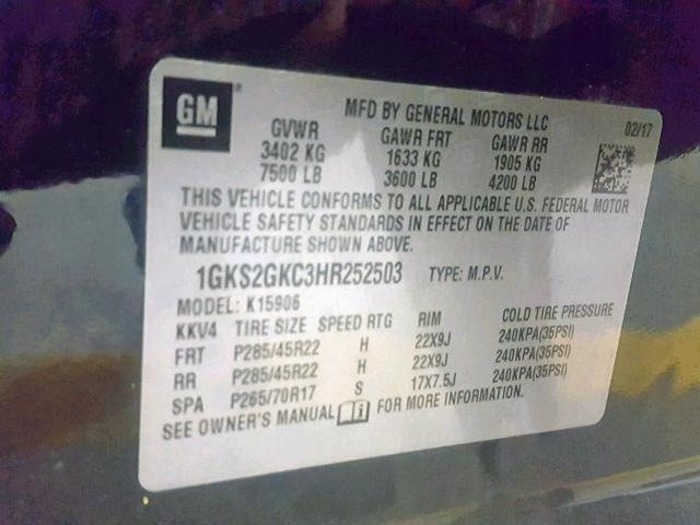 1GKS2GKC3HR252503 - 2017 GMC YUKON XL K BLACK photo 10