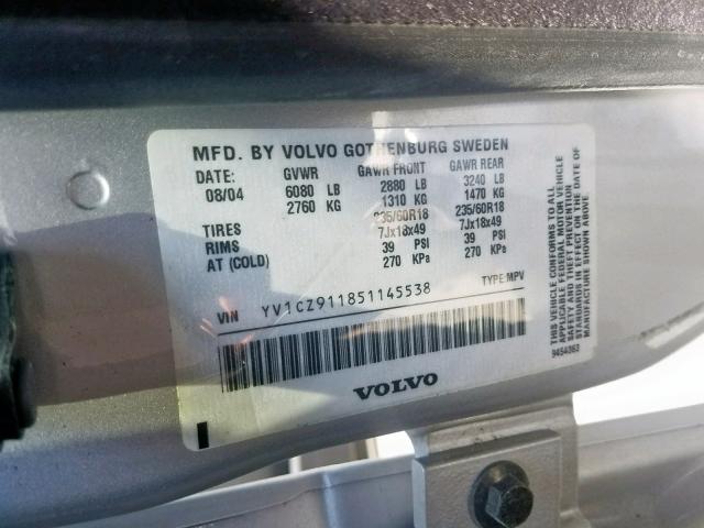 YV1CZ911851145538 - 2005 VOLVO XC90 T6 SILVER photo 10