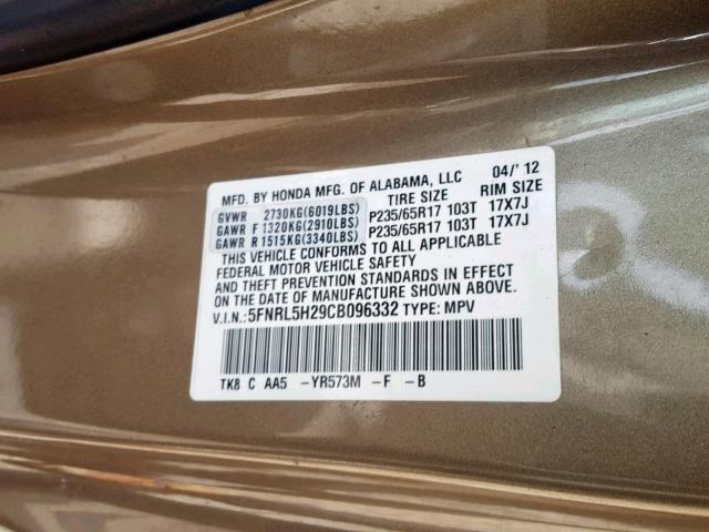 5FNRL5H29CB096332 - 2012 HONDA ODYSSEY LX BROWN photo 10