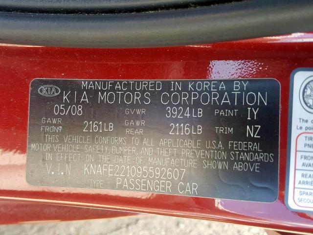 KNAFE221095592607 - 2009 KIA SPECTRA EX RED photo 10