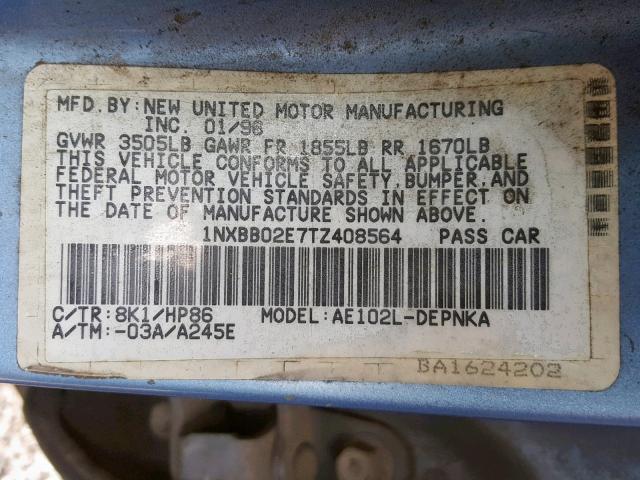 1NXBB02E7TZ408564 - 1996 TOYOTA COROLLA DX BLUE photo 10