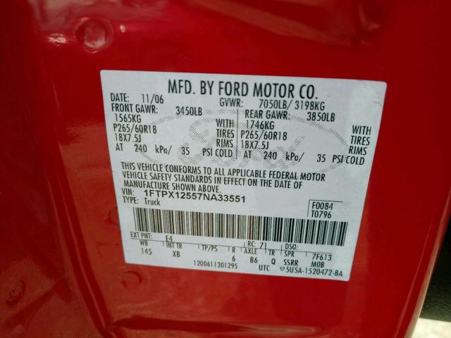 1FTPX12557NA33551 - 2007 FORD F150 RED photo 10