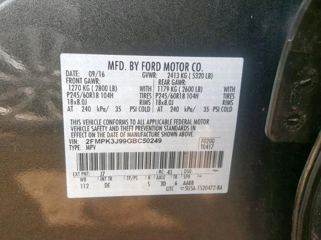 2FMPK3J99GBC50249 - 2016 FORD EDGE SEL GRAY photo 10