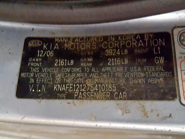 KNAFE121275410185 - 2007 KIA SPECTRA EX BLUE photo 10