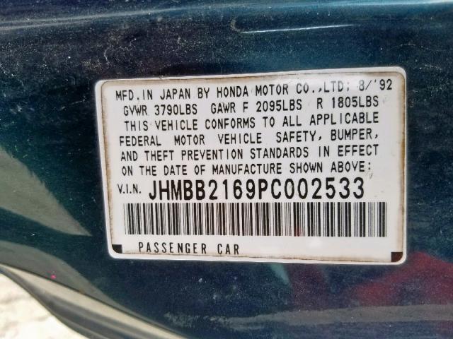 JHMBB2169PC002533 - 1993 HONDA PRELUDE 4W TEAL photo 10