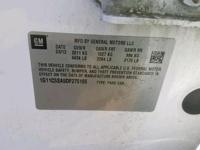 1G11C5SA9DF275165 - 2013 CHEVROLET MALIBU 1LT 白色 照片 10