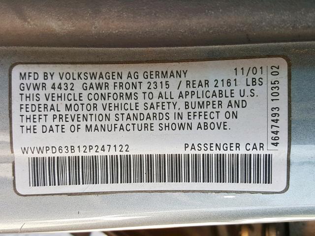 WVWPD63B12P247122 - 2002 VOLKSWAGEN PASSAT GLS GRAY photo 10