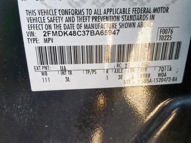 2FMDK48C37BA65947 - 2007 FORD EDGE SEL BLACK photo 10