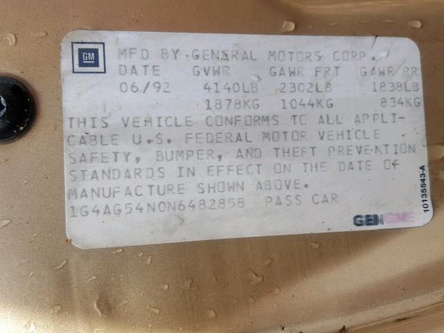 1G4AG54N0N6482858 - 1992 BUICK CENTURY SP GOLD photo 10