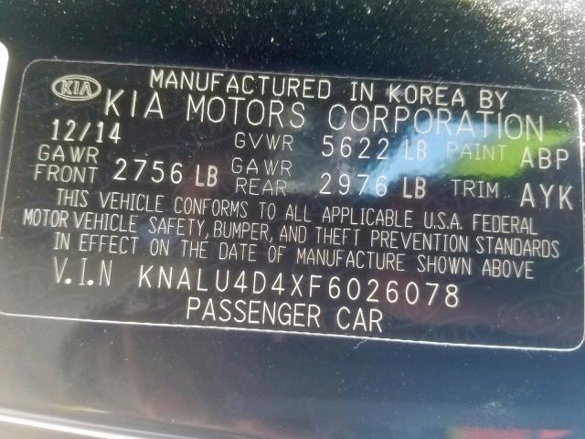 KNALU4D4XF6026078 - 2015 KIA K900 BLACK photo 10