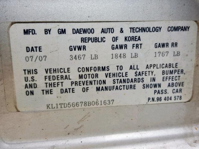 KL1TD56678B061637 - 2008 CHEVROLET AVEO BASE Күміс фото 10