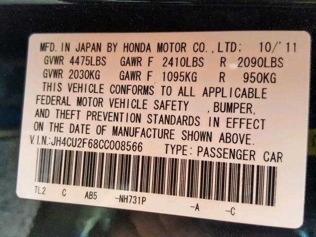 JH4CU2F68CC008566 - 2012 ACURA TSX TECH BLACK photo 10