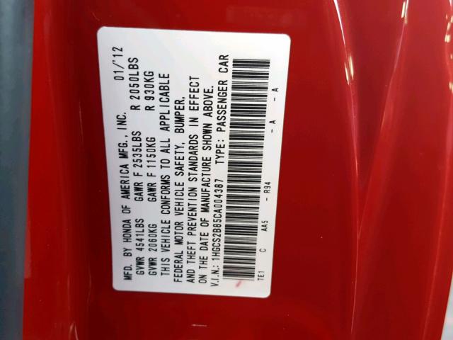 1HGCS2B85CA004387 - 2012 HONDA ACCORD EXL RED photo 10