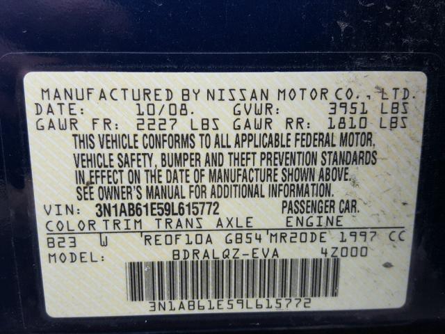 3N1AB61E59L615772 - 2009 NISSAN SENTRA 2.0 BLUE photo 10