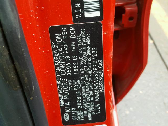 KNADN5A36D6227282 - 2013 KIA RIO EX RED photo 10