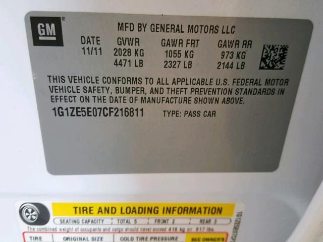 1G1ZE5E07CF216811 - 2012 CHEVROLET MALIBU LTZ თეთრი ფოტო 10