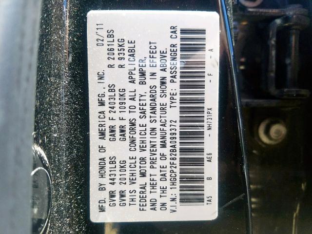 1HGCP2F82BA099372 - 2011 HONDA ACCORD EXL BLACK photo 10