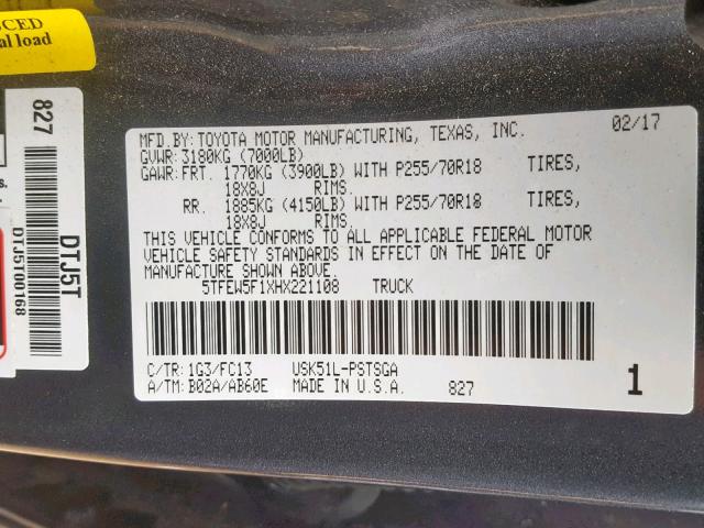 5TFEW5F1XHX221108 - 2017 TOYOTA TUNDRA CRE CHARCOAL photo 10