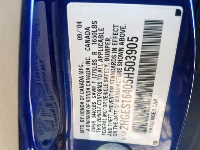 2HGES16405H503905 - 2005 HONDA CIVIC DX BLUE photo 10