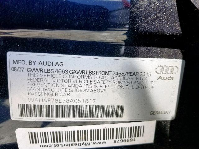 WAUAF78E78A051817 - 2008 AUDI A4 2.0T BLUE photo 10