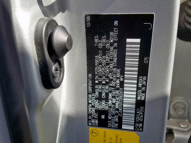 JTJGW31U772002419 - 2007 LEXUS RX 400H SILVER photo 10