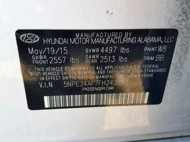 5NPE34AF7FH243257 - 2015 HYUNDAI SONATA SPO WHITE photo 10