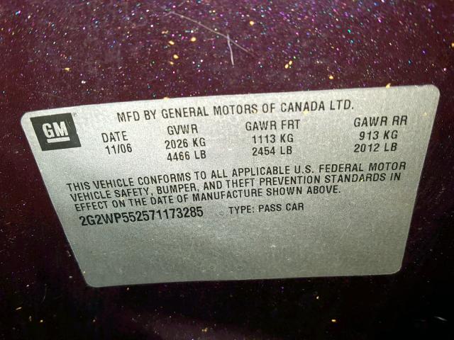 2G2WP552571173285 - 2007 PONTIAC GRAND PRIX PURPLE photo 10